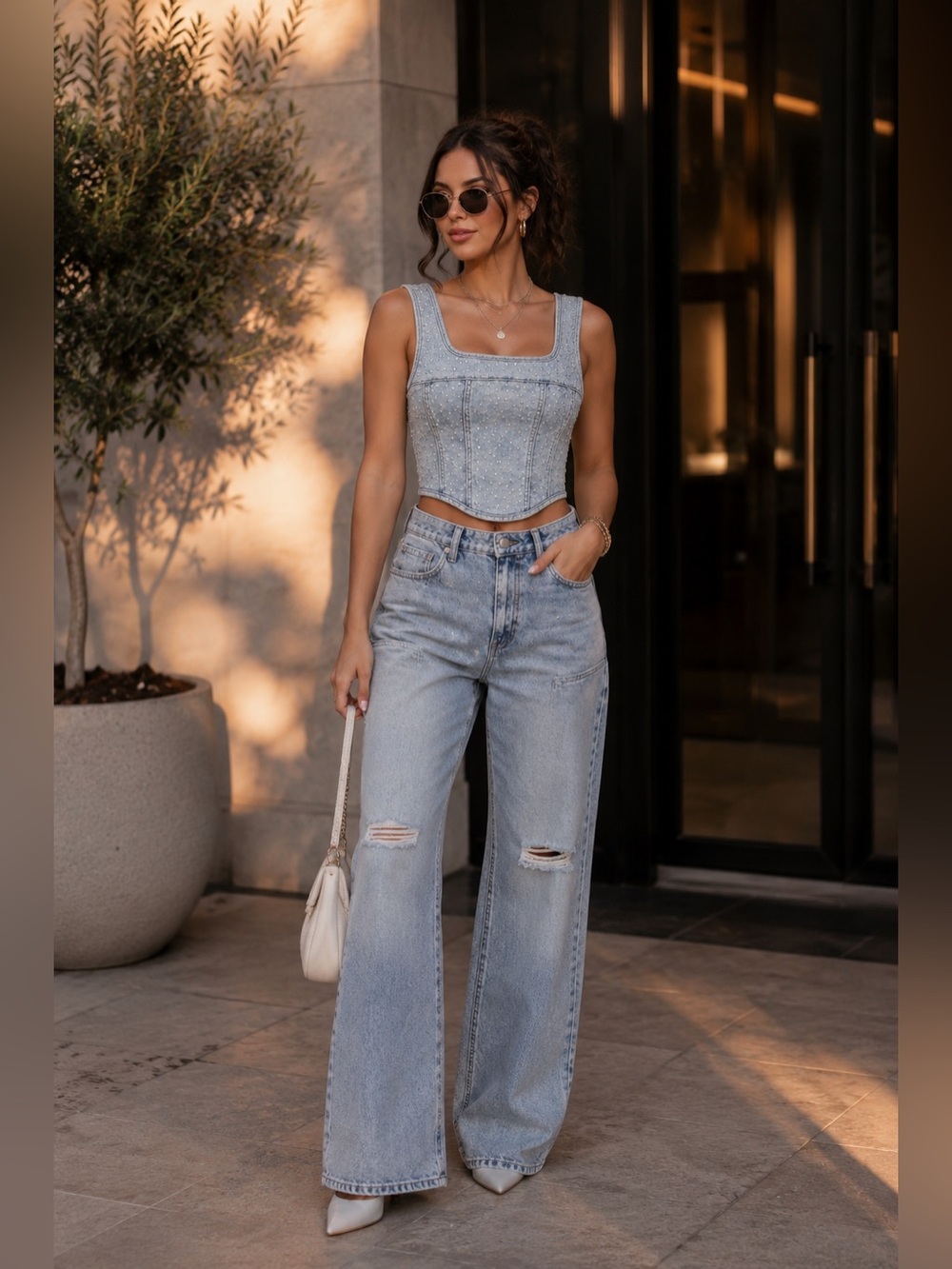NWT Balboa Rhinestone Denim Corset Crop Top Light Wash Blue